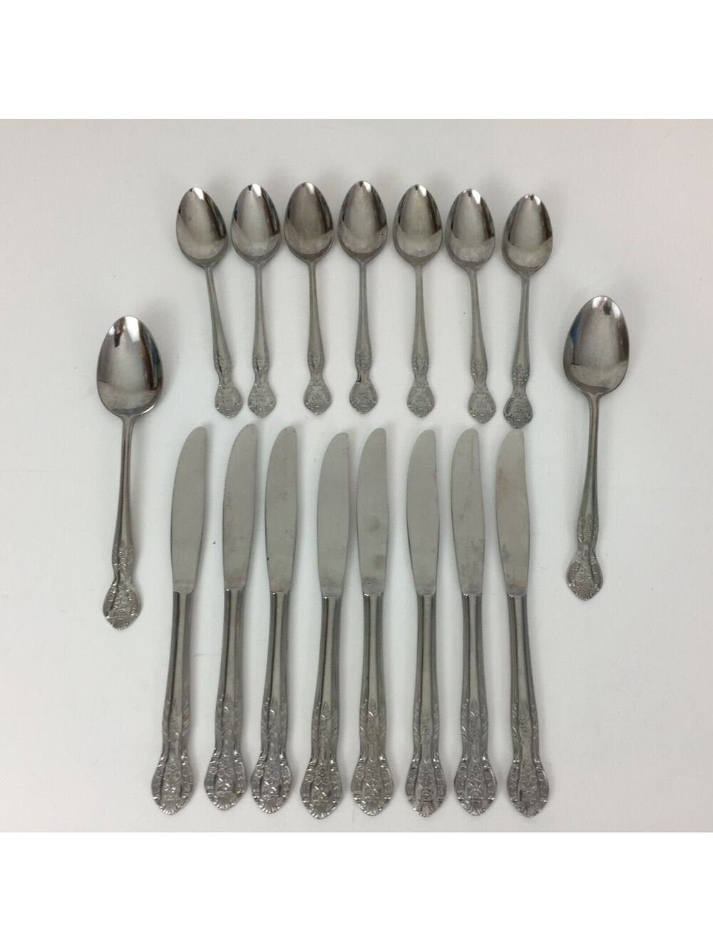Vintage Nasco Pamela Pattern Stainless Flatware Japan Knife Spoon 17pcs